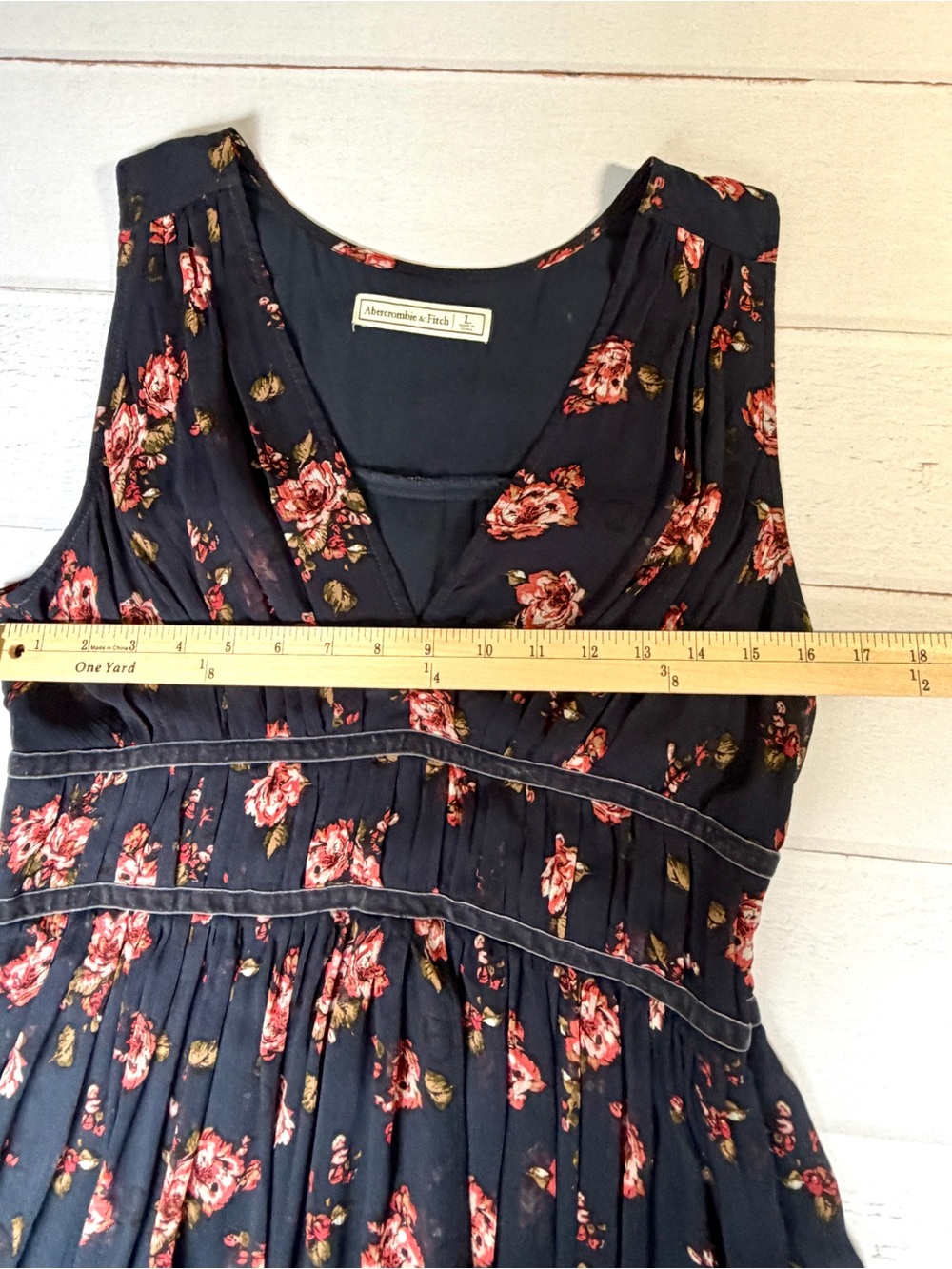 Abercrombie & Fitch Y2K 2000’s Navy Floral Velvet Trim Midi Dress L - Picture 10 of 11